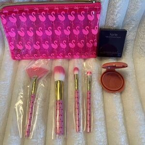 Tarte Flamingo Makeup Brush Set with Pouch and Mini Blush